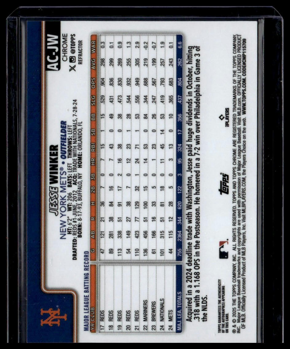 2025 Topps Chrome Update #AC-JW Jesse Winker Chrome Update Auto Refractor #/499