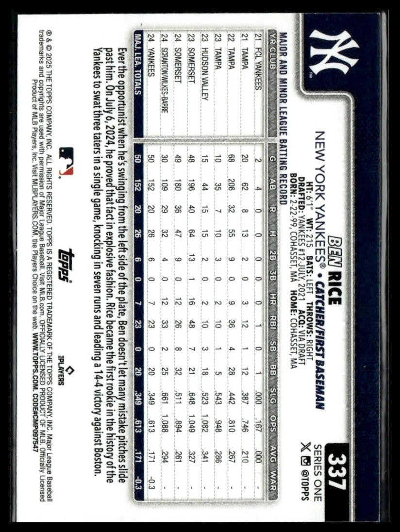 2025 Topps New York Yankees #NYY-6 Ben Rice