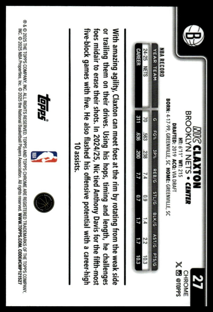 2025-26 Topps Chrome #27 Nic Claxton
