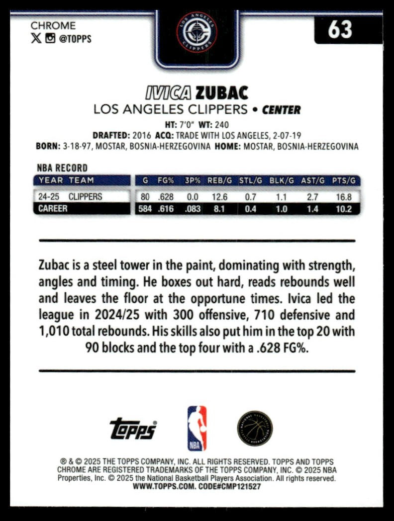2025-26 Topps Chrome #63 Ivica Zubac