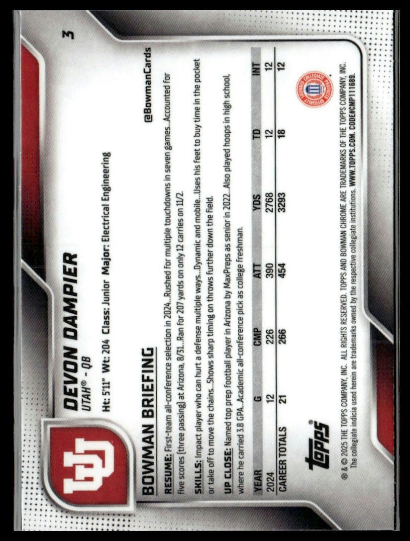 2025 Bowman University Chrome #3 Devon Dampier