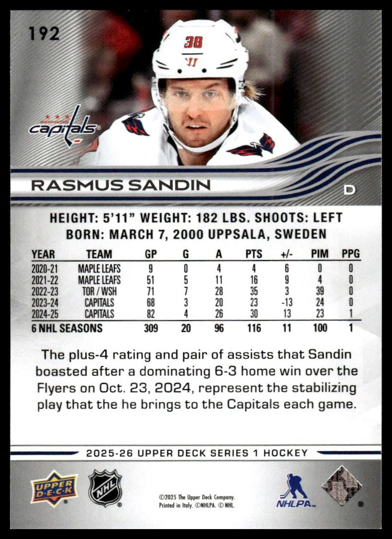 2025-26 Upper Deck #192 Rasmus Sandin