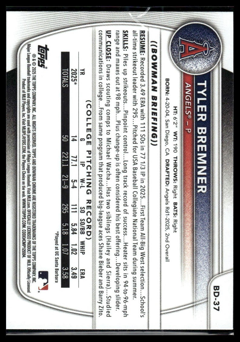 2025 Bowman Draft #BD-37 Tyler Bremner