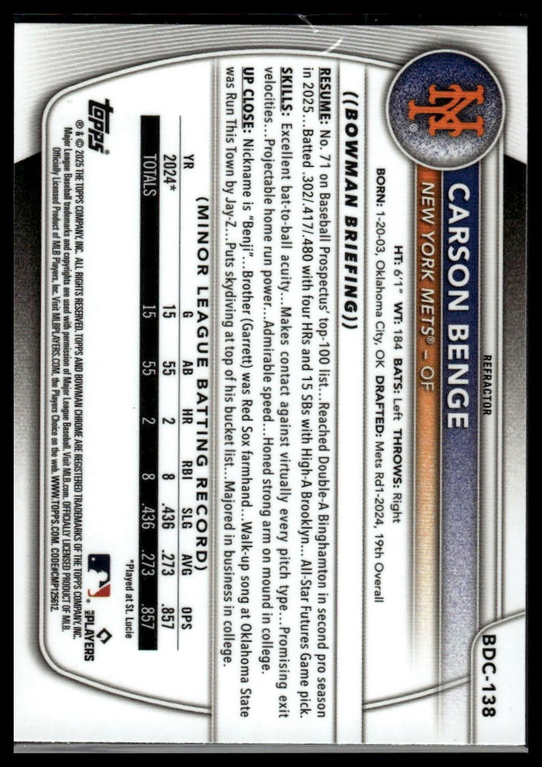 2025 Bowman Draft #BDC-138 Carson Benge Chrome
