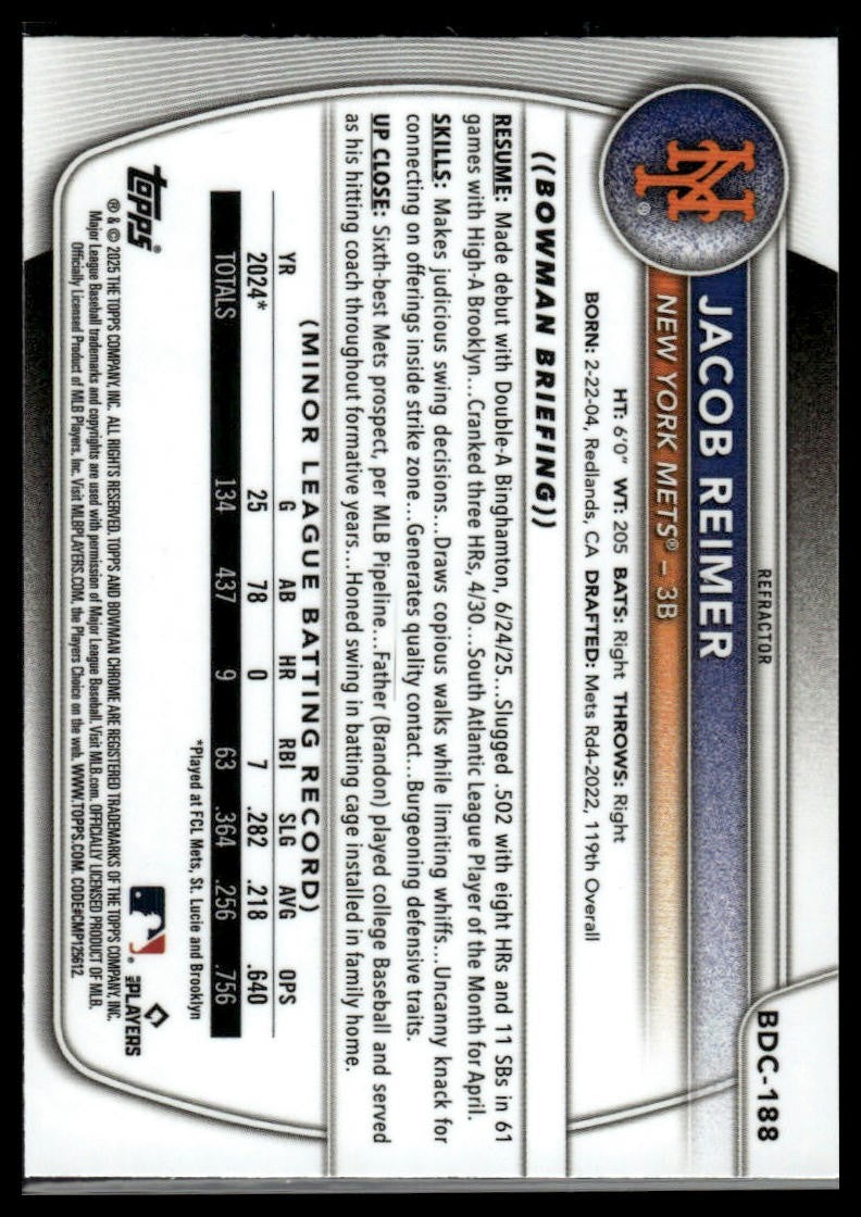 2025 Bowman Draft #BDC-188 Jacob Reimer Chrome