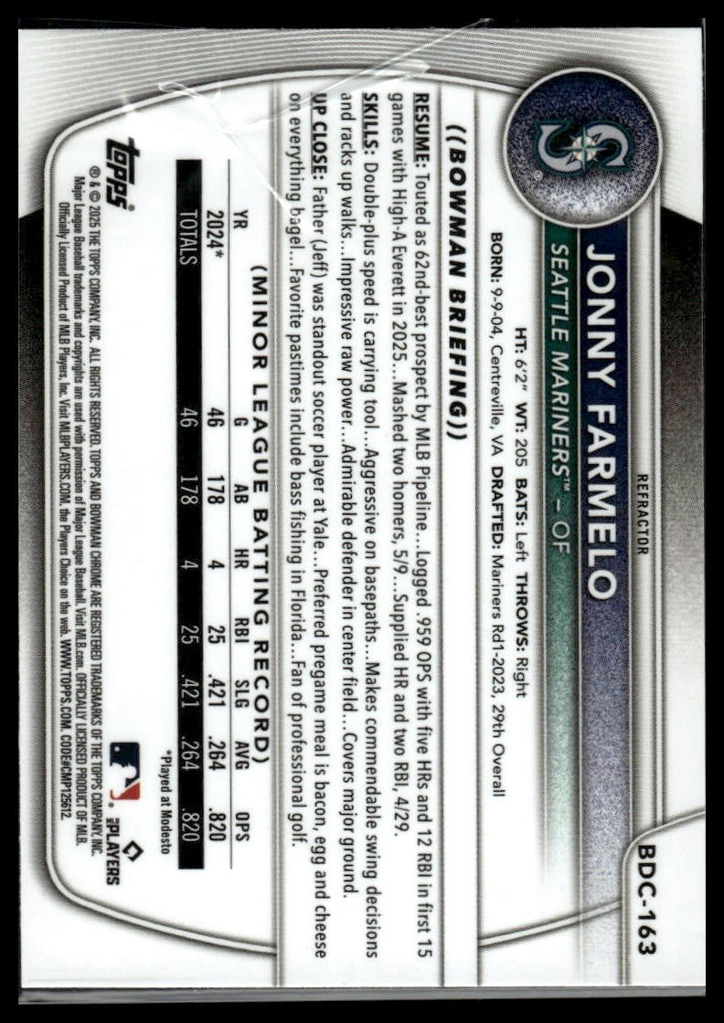 2025 Bowman Draft #BDC-163 Jonny Farmelo Chrome Refractor