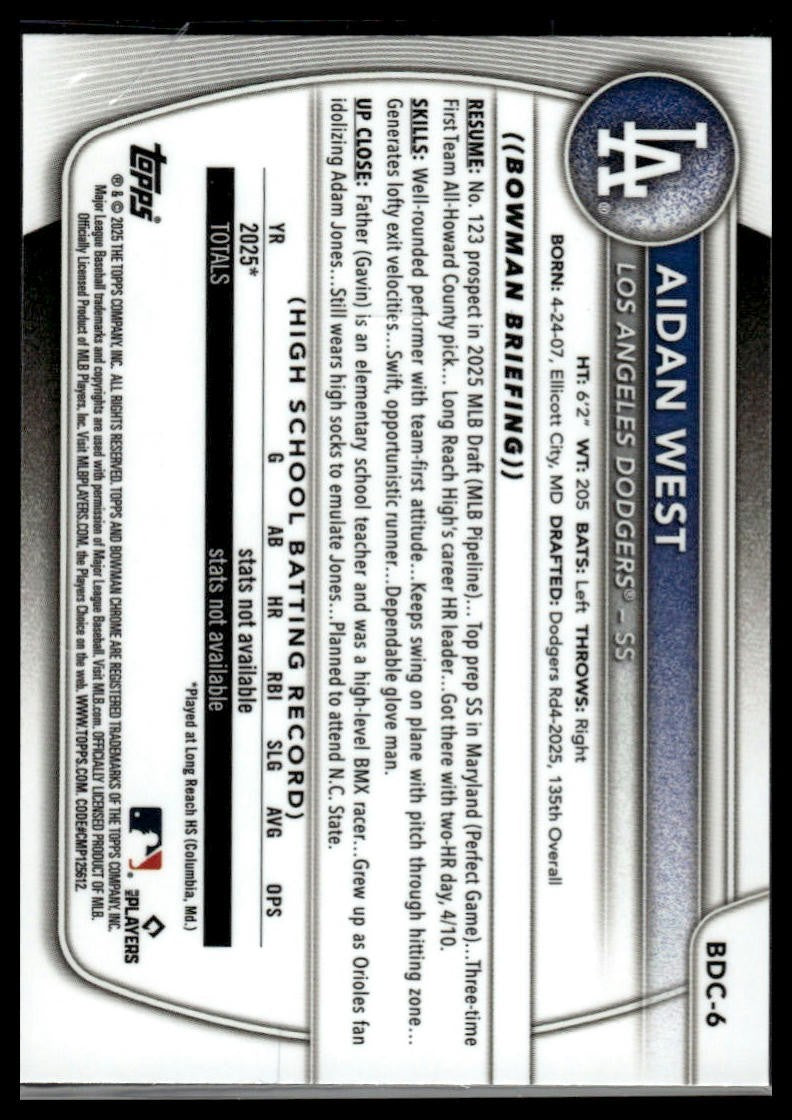 2025 Bowman Draft #BDC-6 Aidan West Chrome