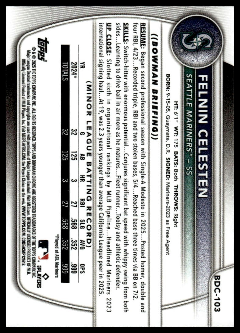 2025 Bowman Draft #BDC-103 Felnin Celesten Chrome