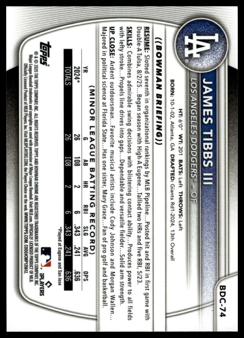 2025 Bowman Draft #BDC-74 James Tibbs III Chrome