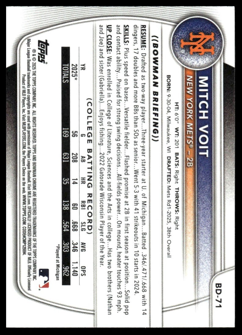2025 Bowman Draft #BD-71 Mitch Voit