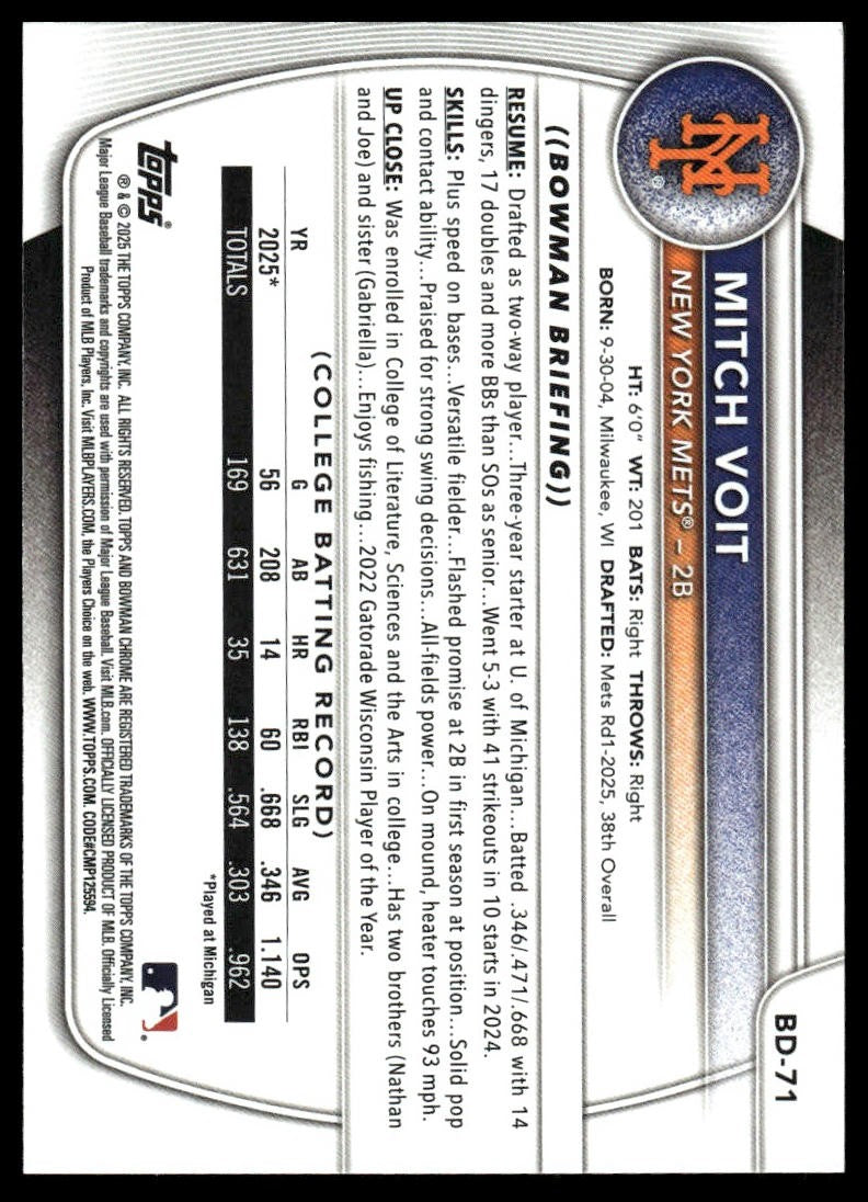 2025 Bowman Draft #BD-71 Mitch Voit