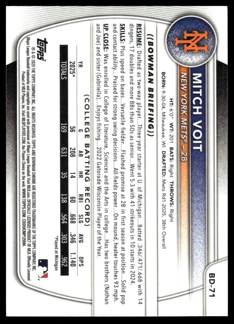 2025 Bowman Draft #BD-71 Mitch Voit