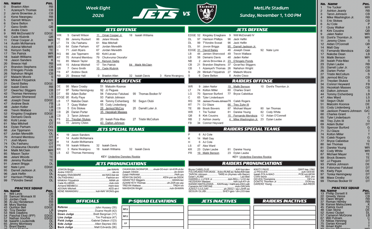 2026 NFL Las Vegas Raiders vs New York Jets 11/1/26 Flip Card Program
