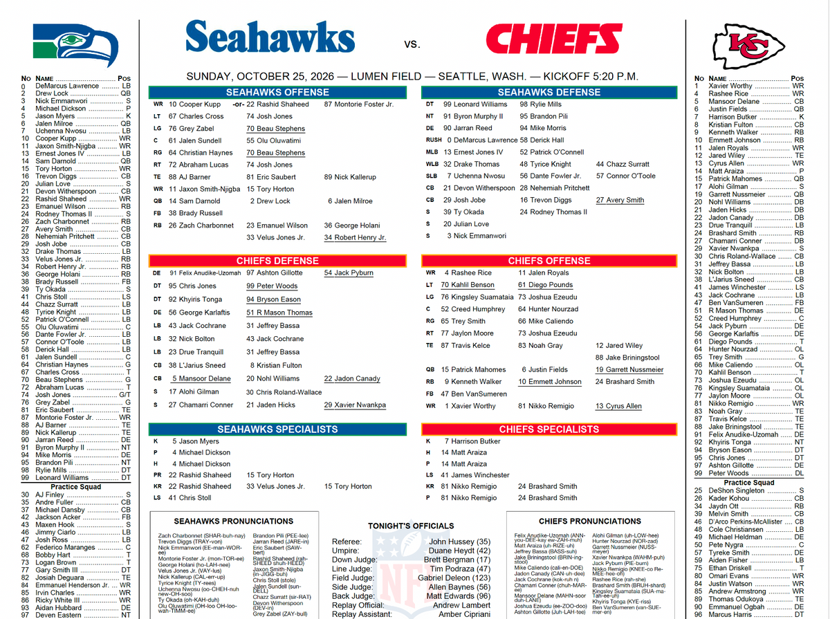 2026 NFL Seattle Seahawks vs Kansas City Chiefs 10/25/26 Flip Card Program
