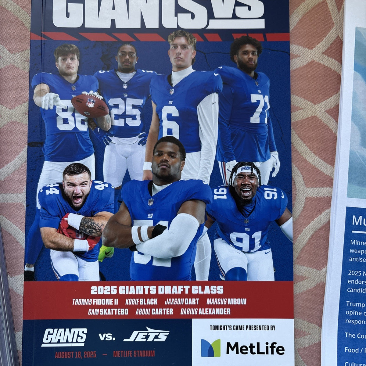 New York Giants Vs New York Jets Official Program 8/16/25 Jaxson Dart Home Debut
