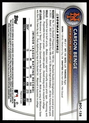2025 Bowman Draft #BDC-138 Carson Benge Chrome