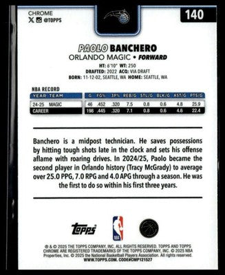 2025-26 Topps Chrome #140 Paolo Banchero X-Fractors