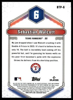 2026 Bowman #BTP-6 Sebastian Walcott Bowman Scouts' Top 100