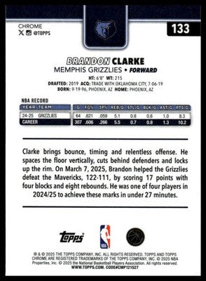 2025-26 Topps Chrome #133 Brandon Clarke