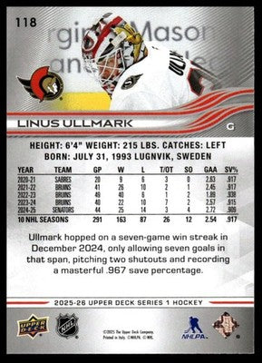 2025-26 Upper Deck #118 Linus Ullmark