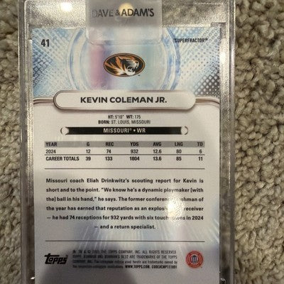 2025 Bowman U Best Chrome Kevin Coleman Jr. 74 Missouri Superfractor 1/1