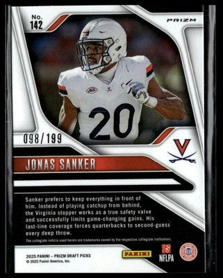 2025 Panini Prizm Draft Picks #142 Jonas Sanker Prizms Purple Ice #/199