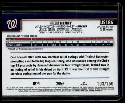 2025 Topps Update #US186 Cole Henry Blue Holo Foil #/150