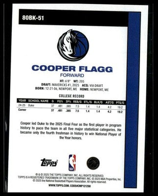 2025-26 Topps #80BK-51 Cooper Flagg 1980-81 Topps Basketball