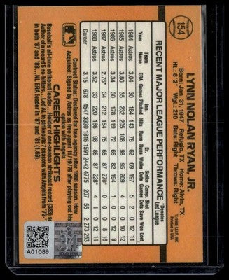 1989 Donruss #154 Nolan Ryan - Houston Astros Auto