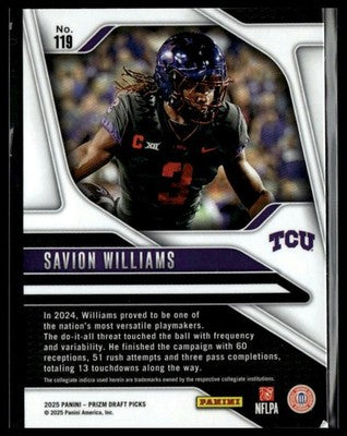 2025 Panini Prizm Draft Picks #119 Savion Williams Prizms Silver
