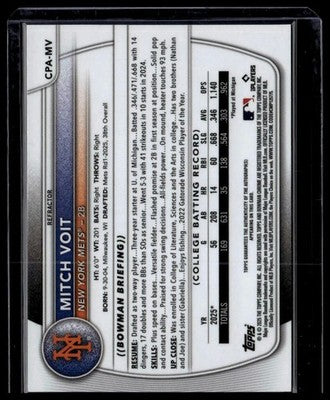2025 Bowman Draft #CPA-MV Mitch Voit Chrome Prospect Autographs Refractor #/499