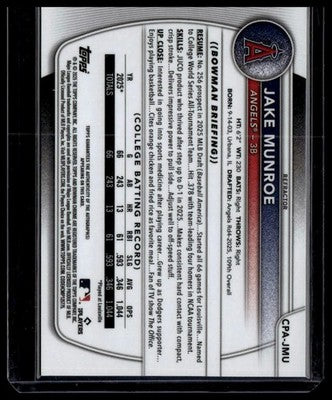 2025 Bowman Draft #CPA-JMU Jake Munroe Chrome Prospect Auto Refractor #/499