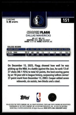 2025-26 Topps Chrome Update #151 Cooper Flagg