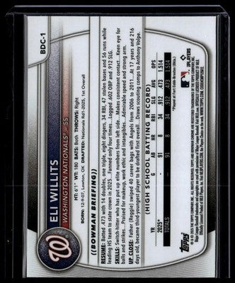 2025 Bowman Draft #BDC-1 Eli Willits Chrome Sparkle Refractor