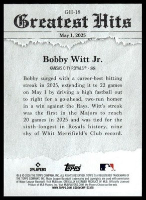 2026 Topps #GH-18 Bobby Witt Jr. 2025 Greatest Hits