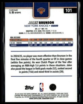 2025-26 Topps Chrome #101 Jalen Brunson