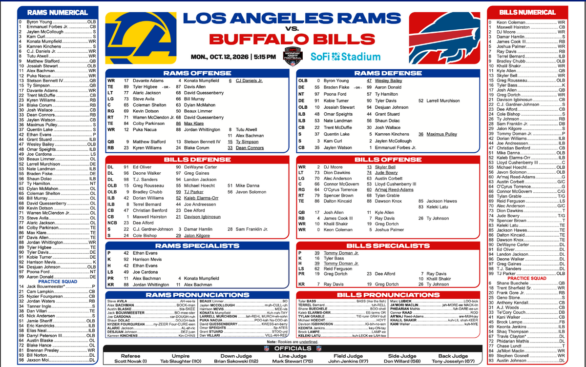 2026 NFL Buffalo Bills vs Los Angeles Rams 10/12/26 Flip Card Program