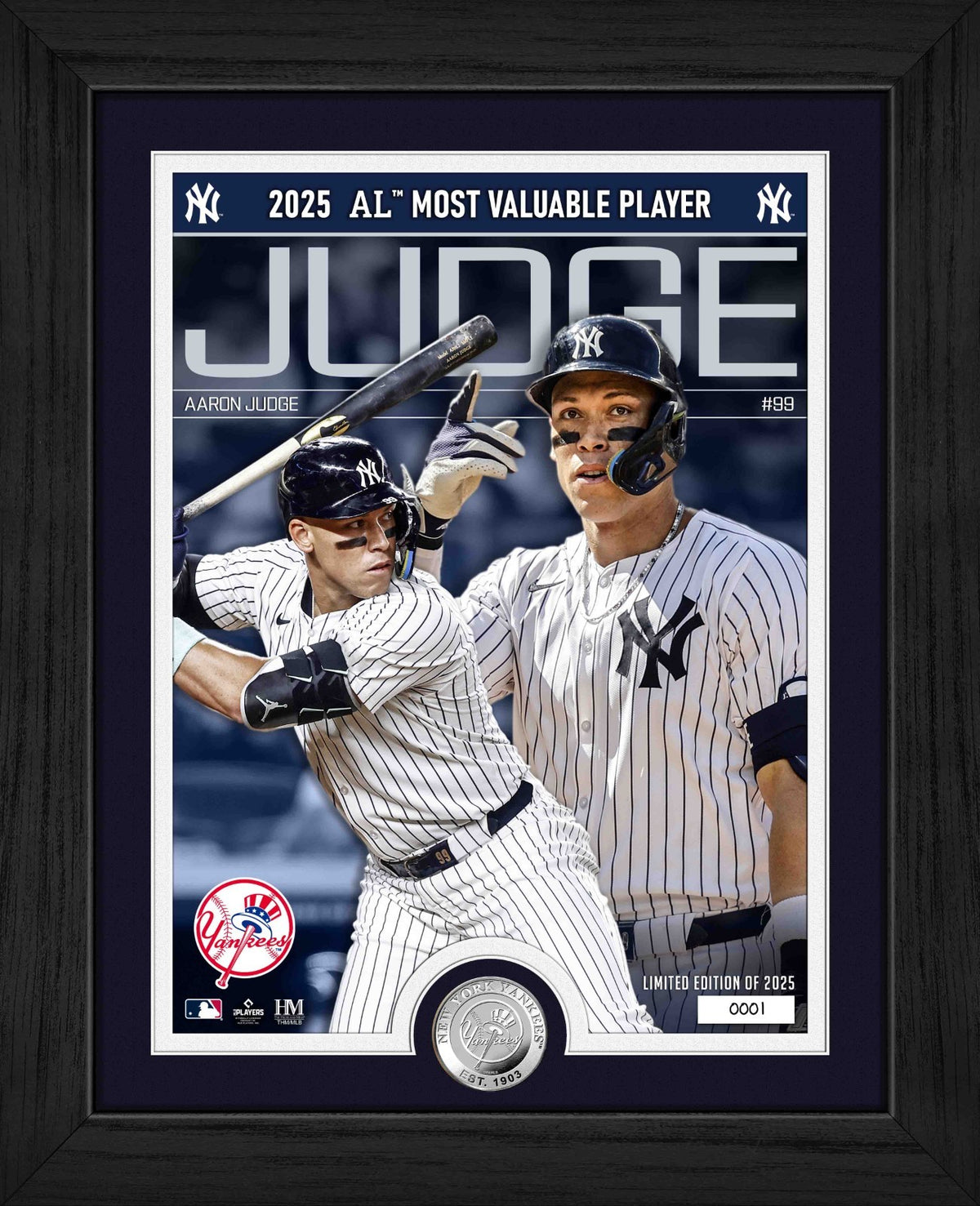2025 AL MVP BACK 2 BACK AARON JUDGE NEW YORK YANKEES FRAMED PHOTO MINT COIN