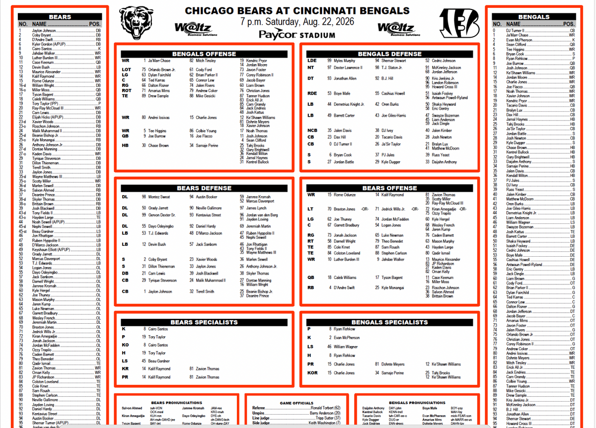 2026 Cincinnati Bengals vs Chicago Bears 8/22/26 Flip Card Program