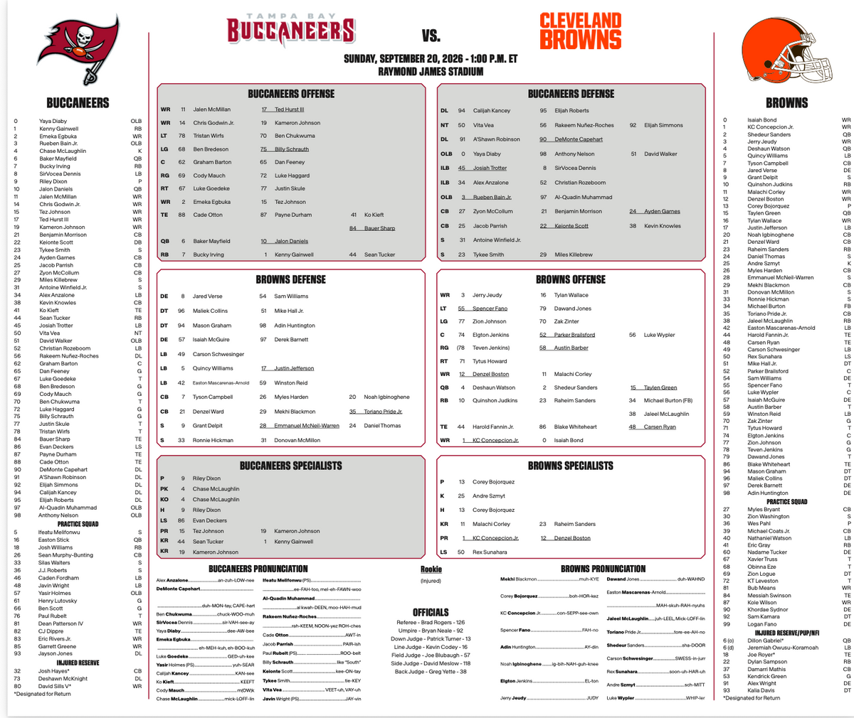 2026 NFL Tampa Bay Buccaneers vs Cleveland Browns 9/20/26 Flip Card Program