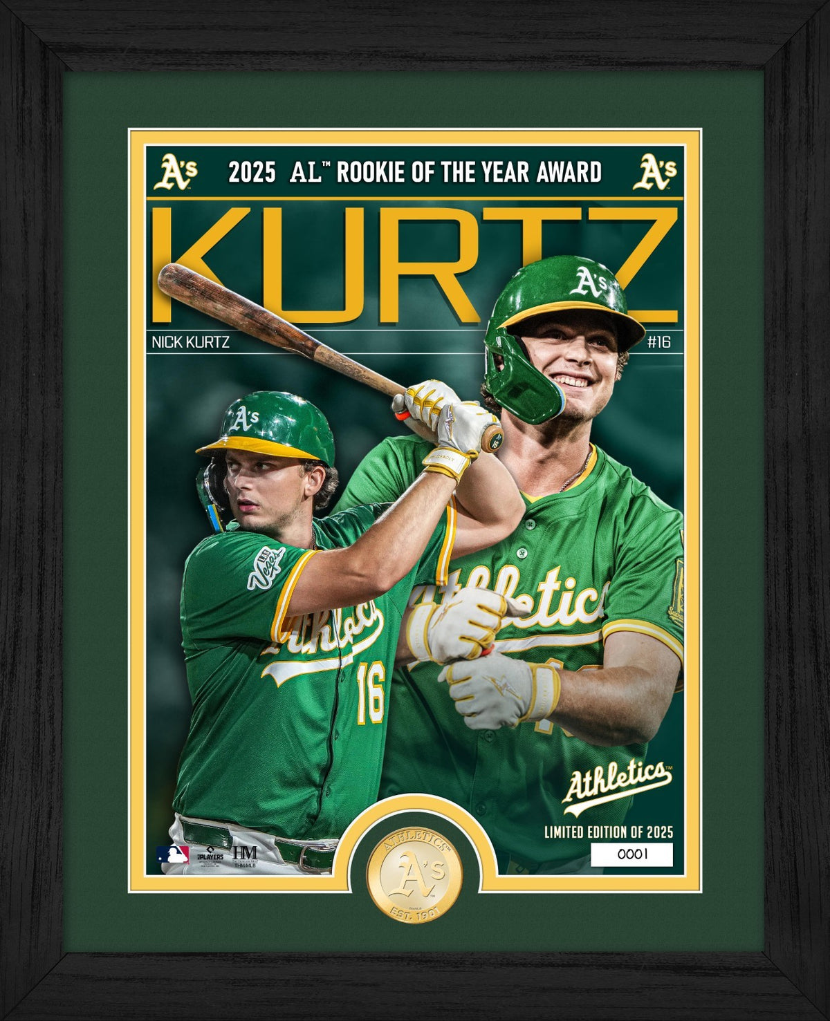 2025 AL ROOKIE OF THE YEAR ROY NICK KURTZ ATHLETICS FRAMED PHOTO MINT COIN