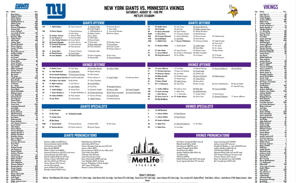 2026 New York Giants vs Minnesota Vikings 8/15/26 Flip Card Program Dart Skatabo