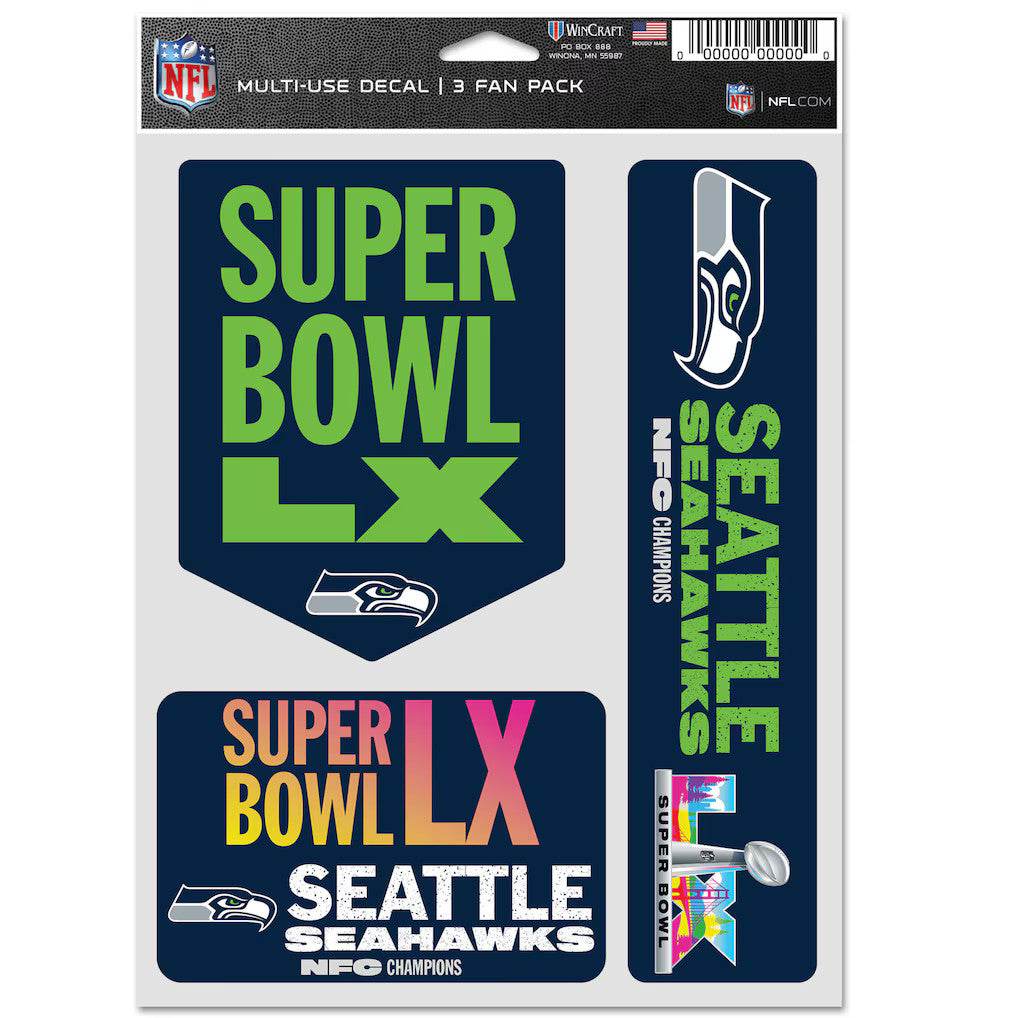 2025 NFL NFC CHAMPIONS SEATTLE SEAHAWKS 3 DECAL SET SUPER BOWL 60 LX 2026