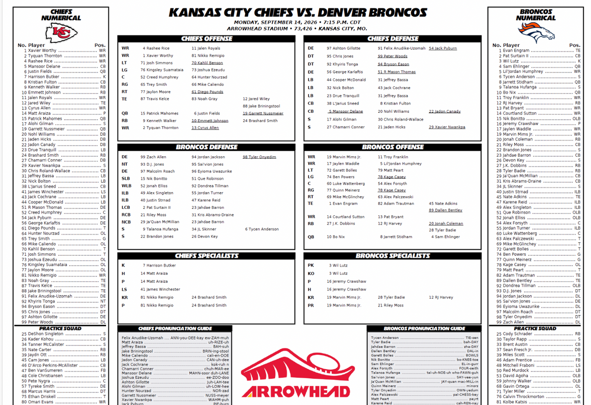 2026 NFL Kansas City Chiefs vs Denver Broncos 9/14/26 Flip Card Program