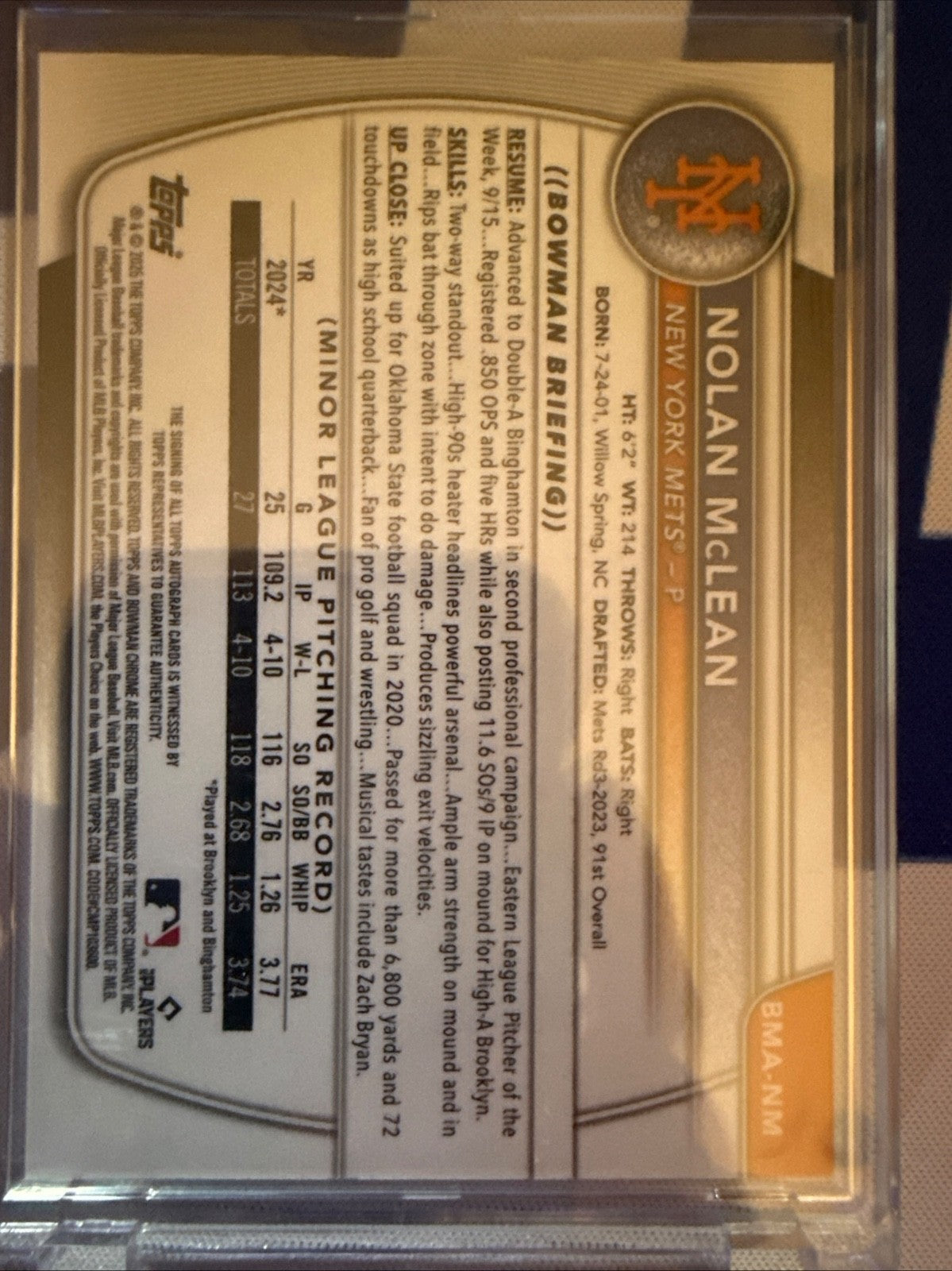 2025 Bowman - Chrome Prospect Mega Box Autographs Nolan McLean #BMA-NM (RC) auto