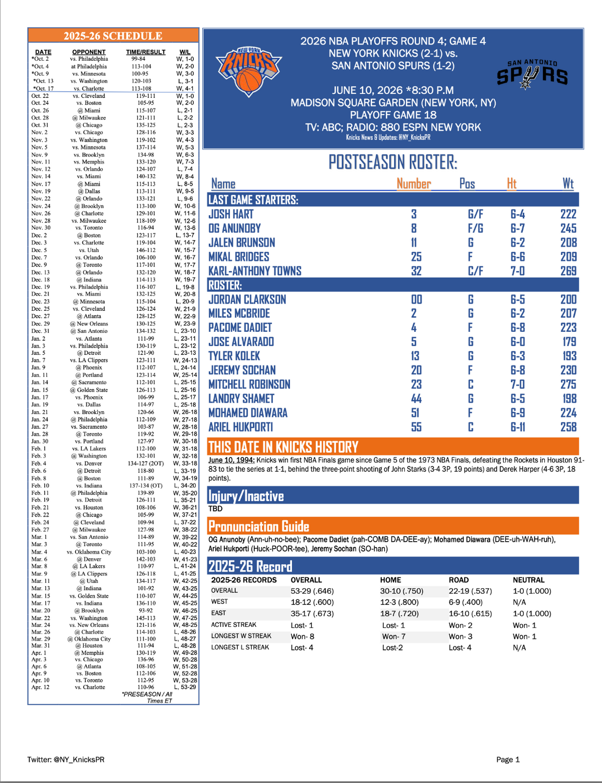 2026 NBA Finals Game 4 6/10 New York Knicks Media Notes with Bonus