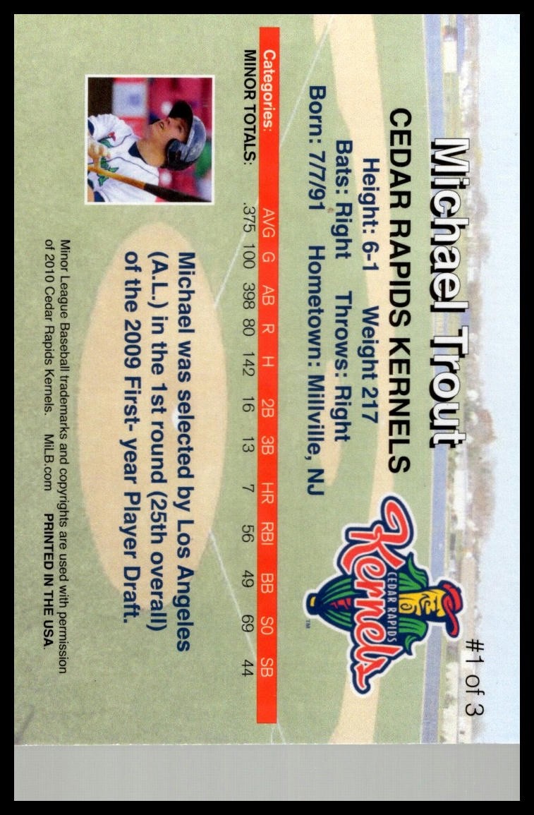 2010 Cedar Rapids Kernels Rising Alumni #1 Mike Trout RC Rookie