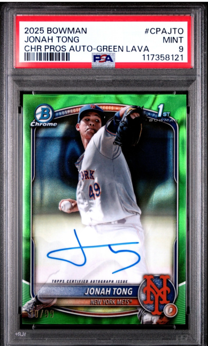 2025 Bowman Chrome1st Auto Jonah Tong #CPAJTO /99 PSA 9 Green Lava Mets