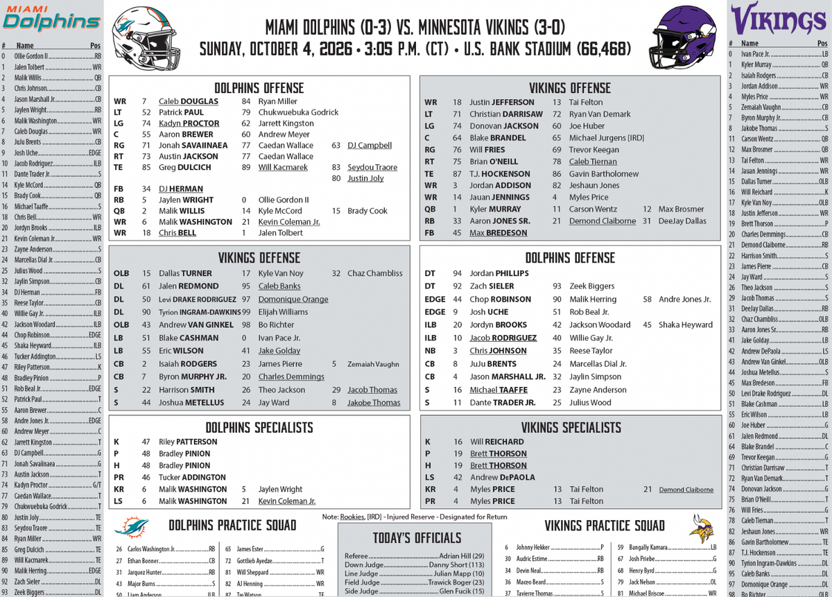 2026 NFL Miami Dolphins vs Minnesota Vikings 10/4/26 Flip Card Program