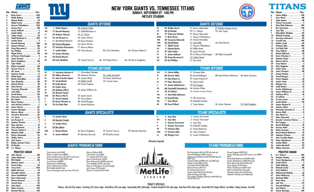 2026 NFL Tennessee Titans vs New York Giants 9/27/26 Flip Card Program